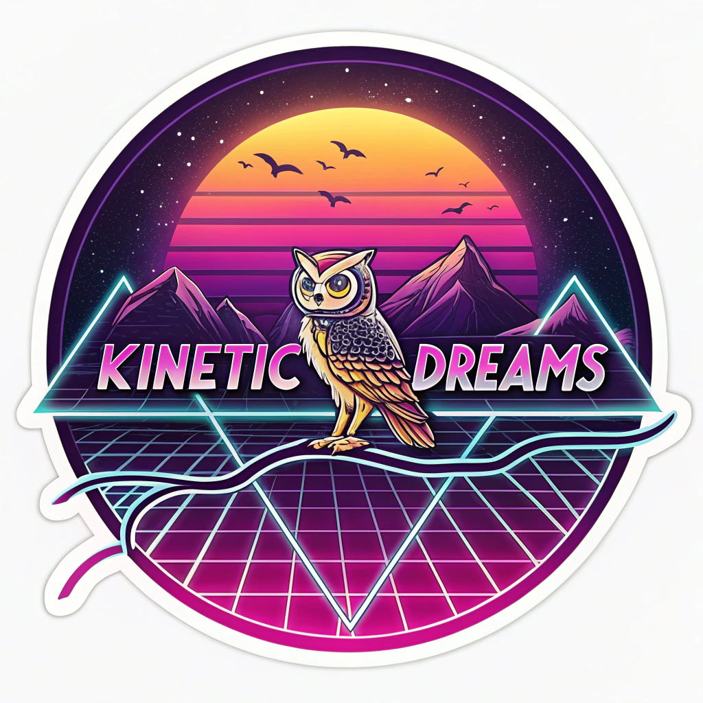 Retro-Futuristic Kinetic Dreamwave: The Kinetic Stage reimagined in a vibrant synthwave or retro-futuristic style, featuring neon grids, glowing outlines of the stage and owl, set against a dreamy sunset gradient with 'Kinetic Dreams' in a stylized pixelated or chrome font.