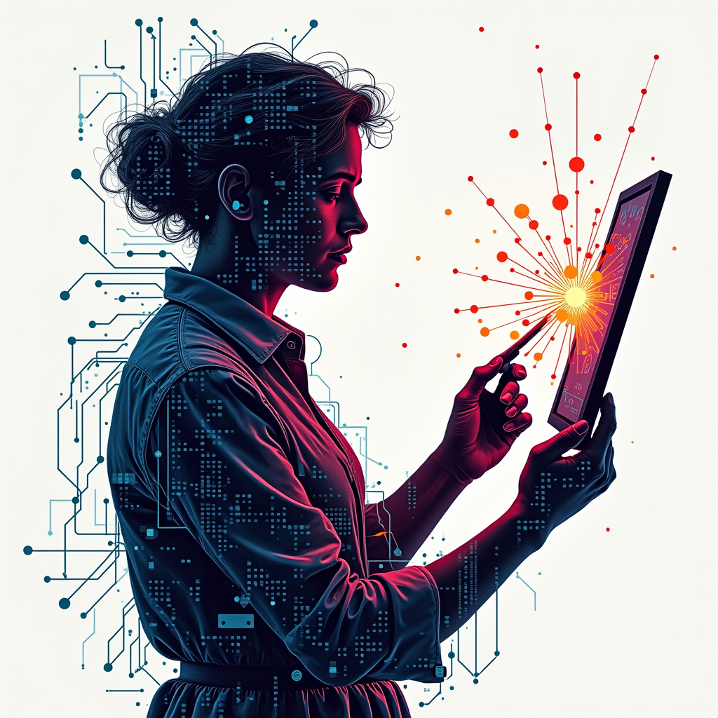 A design showing a classic artist's silhouette or a Greco-Roman bust, reimagined with glowing circuit board patterns and data streams, holding a single, luminous pixel that trails colored ink, symbolizing AI as the new artisan.
