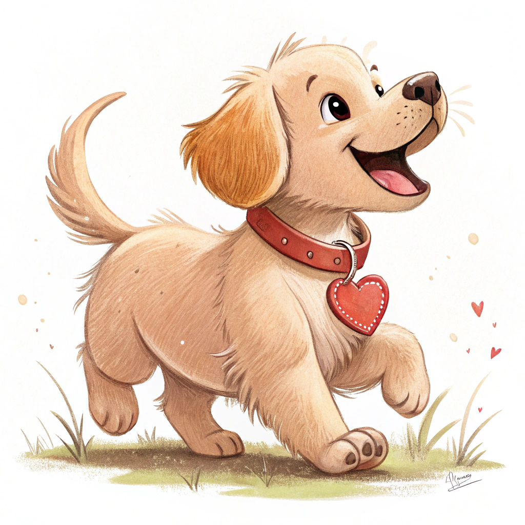 A sticker of a playful puppy with a heart on its collar, wagging its tail.