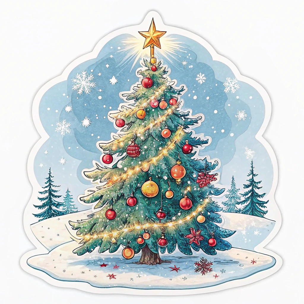 A delightful Christmas tree sticker featuring snowflakes gently falling around a brightly decorated tree, conveying the magic of a winter wonderland.