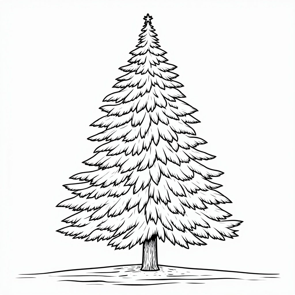 The image is a black and white line drawing of a Christmas tree. The tree is tall and slender with a pointed top and a conical trunk. It is covered in a thick layer of snow, giving it a frosty appearance. The branches of the tree are thin and pointed, and the trunk is straight and sturdy. The background is plain white, making the tree stand out. The overall style of the image is simple and minimalistic.