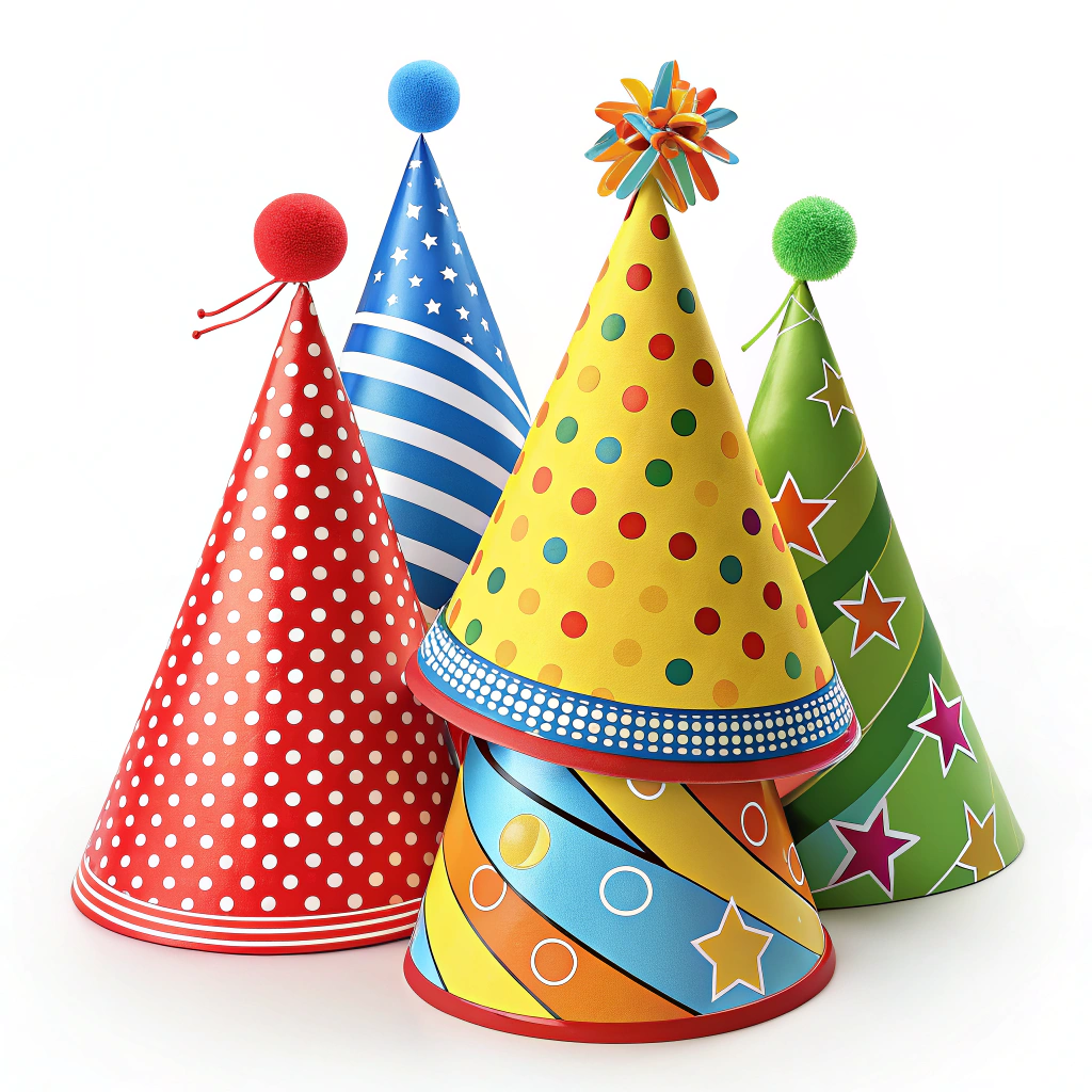 A sticker with multiple colorful party hats stacked on top of each other.