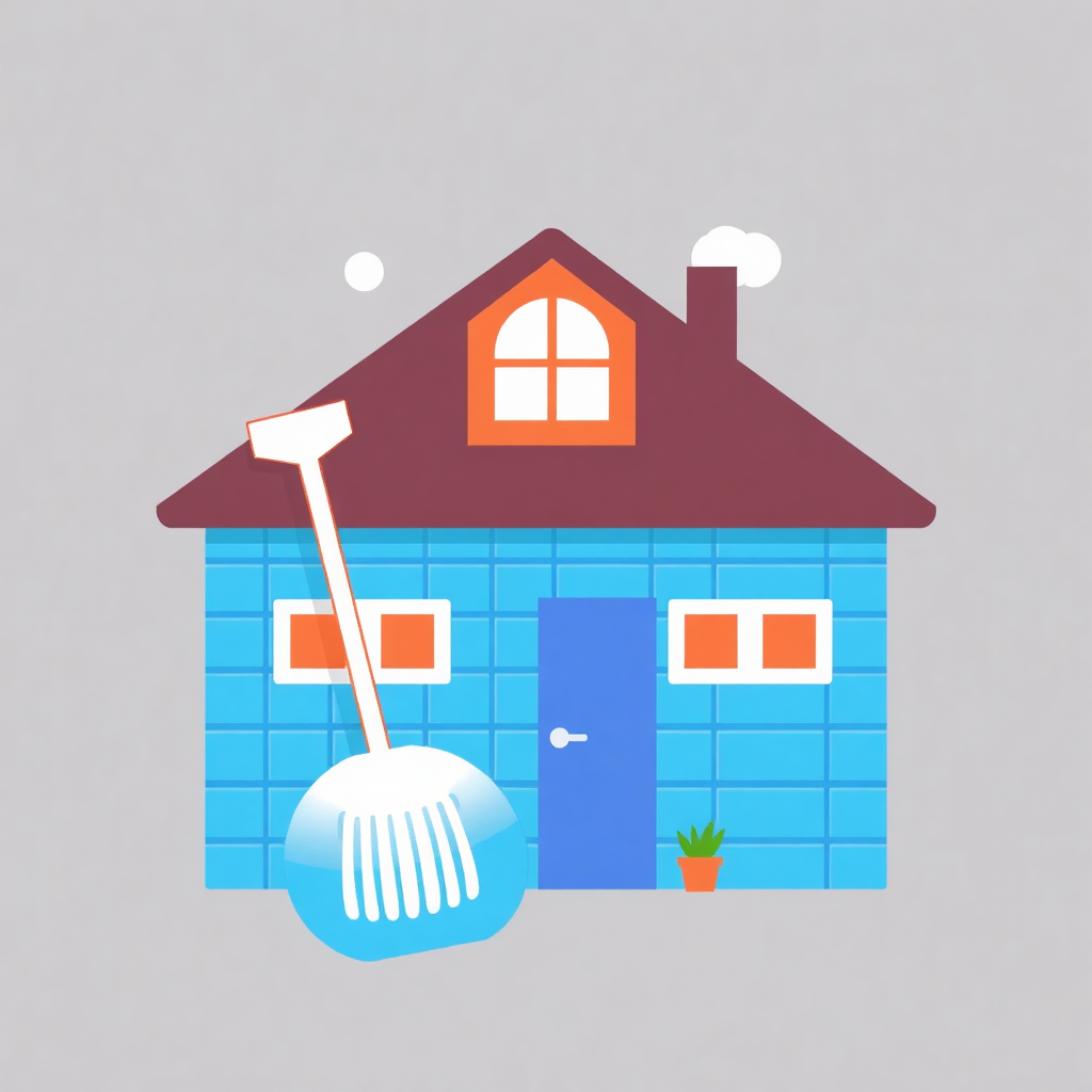 The image is an illustration of a blue house with a red roof and a blue door. The house has two windows on the front and a chimney on the roof. There is a small potted plant on the right side of the house and a broom on the left side. The broom has a long handle and a round head. The background is light grey. The overall style of the illustration is flat and cartoon-like.