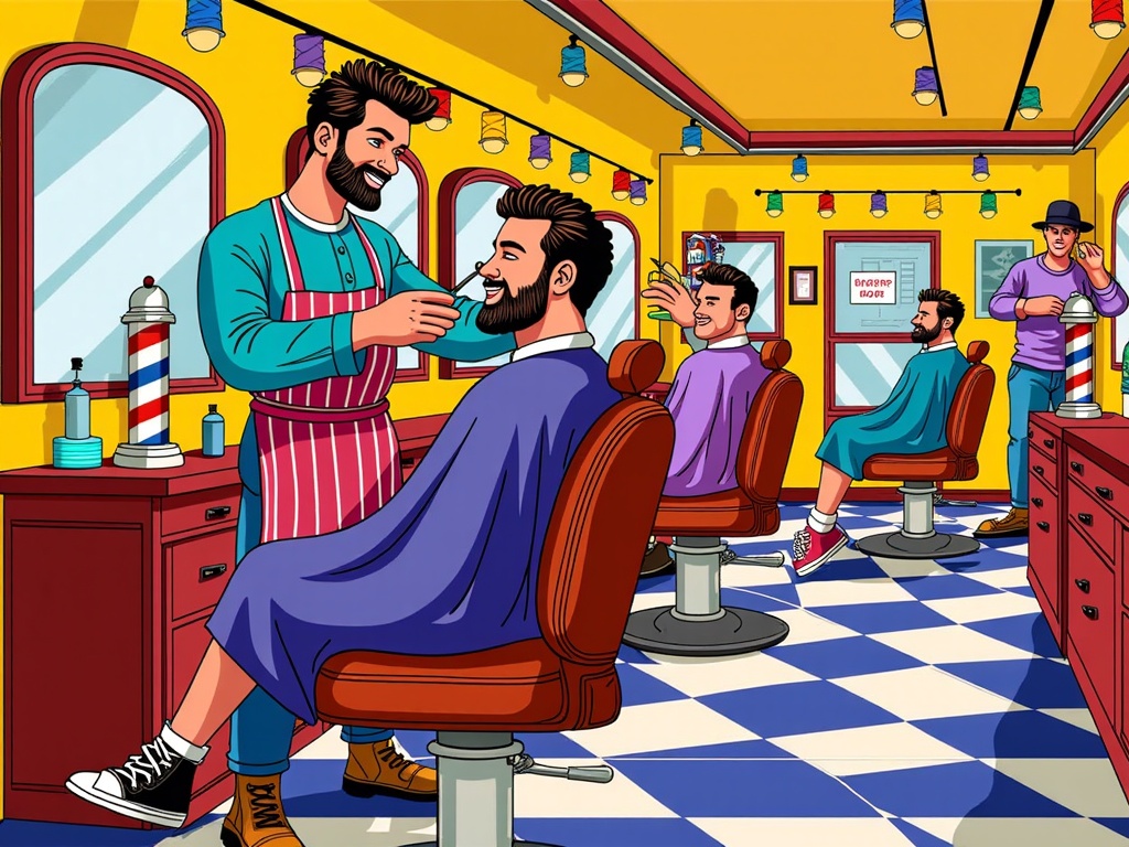 The image is an illustration of a barber shop. The barber is standing behind the barber, wearing a blue apron and holding a pair of scissors. He is cutting the hair of a young man who is sitting in a red barber chair. The man has a beard and is smiling as he cuts his hair. In the background, there are other barbers sitting in their chairs and a man standing in front of a mirror. The salon has a blue and white checkered floor and yellow walls. There are various barber tools and equipment scattered around the room.