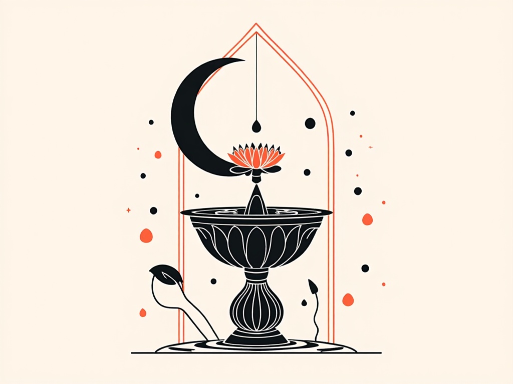 Simple Icon Idea: A stylized silhouette of an ornate Arabian fountain spout with a single droplet, framed by a crescent moon and a blooming lotus flower, enclosed within a pointed arch.