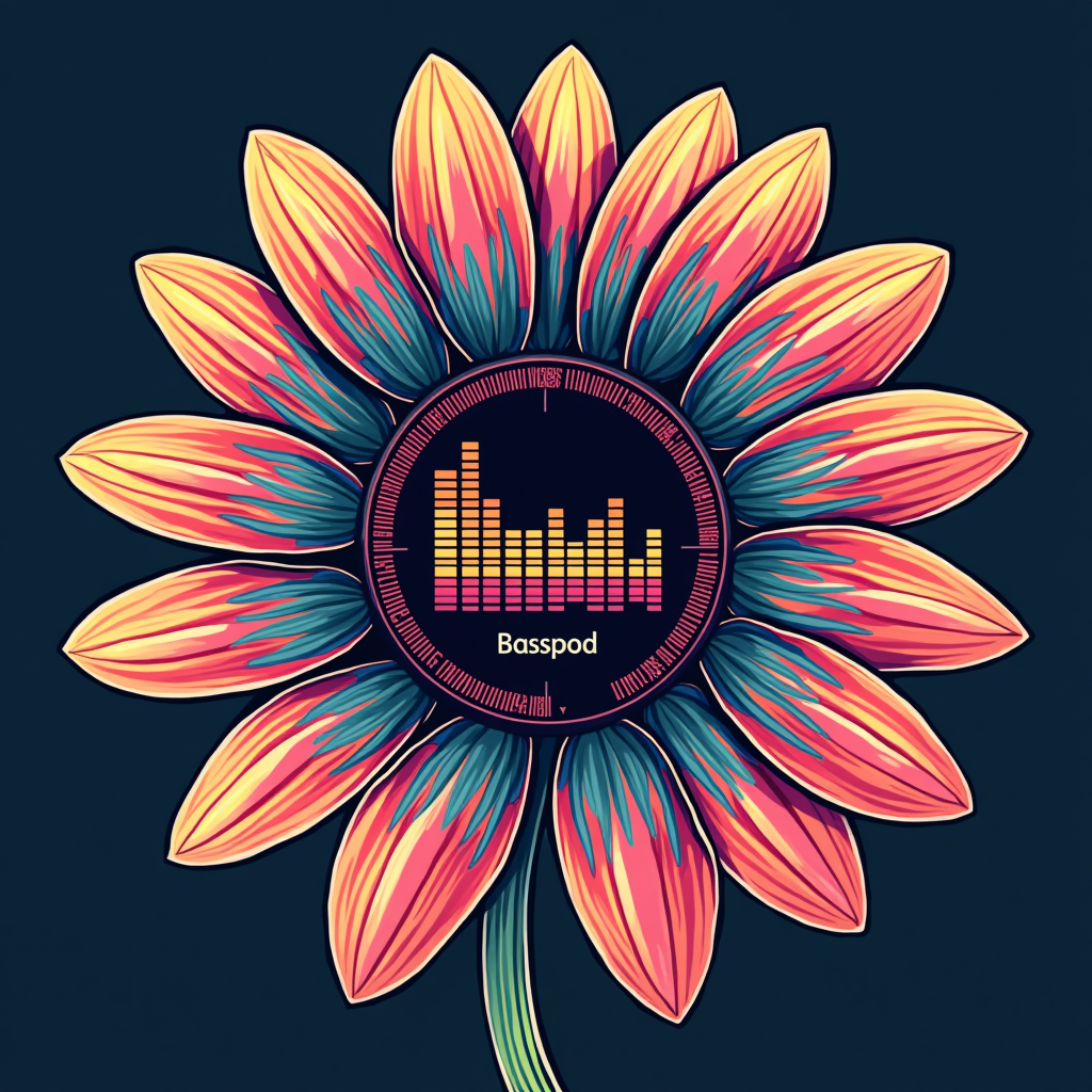 Retro Visualizer Daisy: A classic daisy form where each petal is a segment of an old-school music visualizer (e.g., pixelated equaliser bars or vector patterns reminiscent of Winamp). The center could be a VU meter. 'Basspod' is written in a retro digital font.