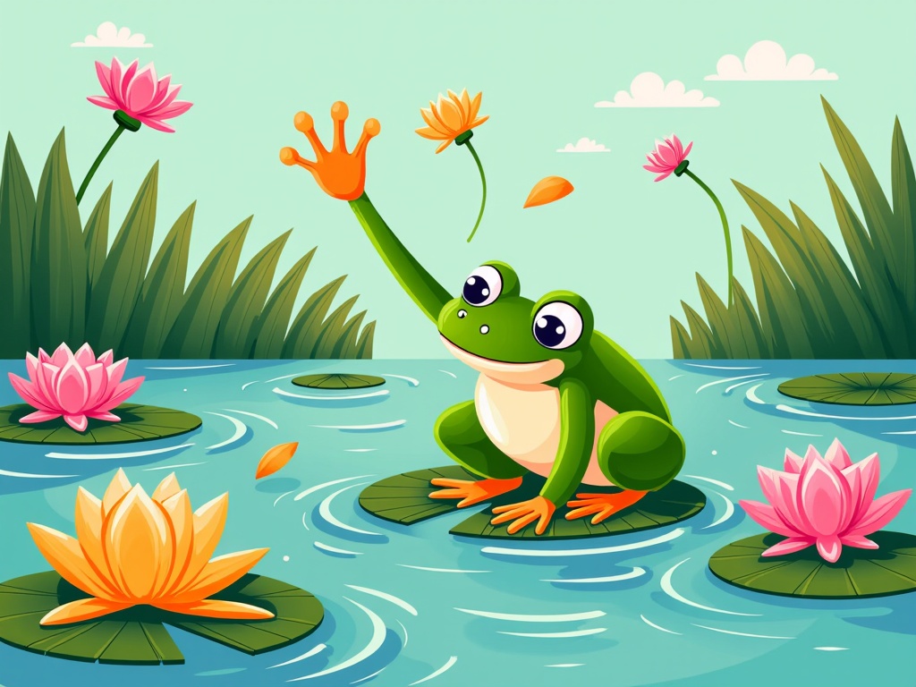 The image is a digital illustration of a green frog sitting on a lily pad in a pond. The frog is facing towards the right side of the image and is holding an orange flower in its right hand. It has a big smile on its face and its eyes are wide open. The background is a light blue sky with white clouds. The pond is filled with water lilies and there are pink and orange lotus flowers floating on the surface. There are also some green plants and grasses in the background. The overall color scheme is bright and cheerful.