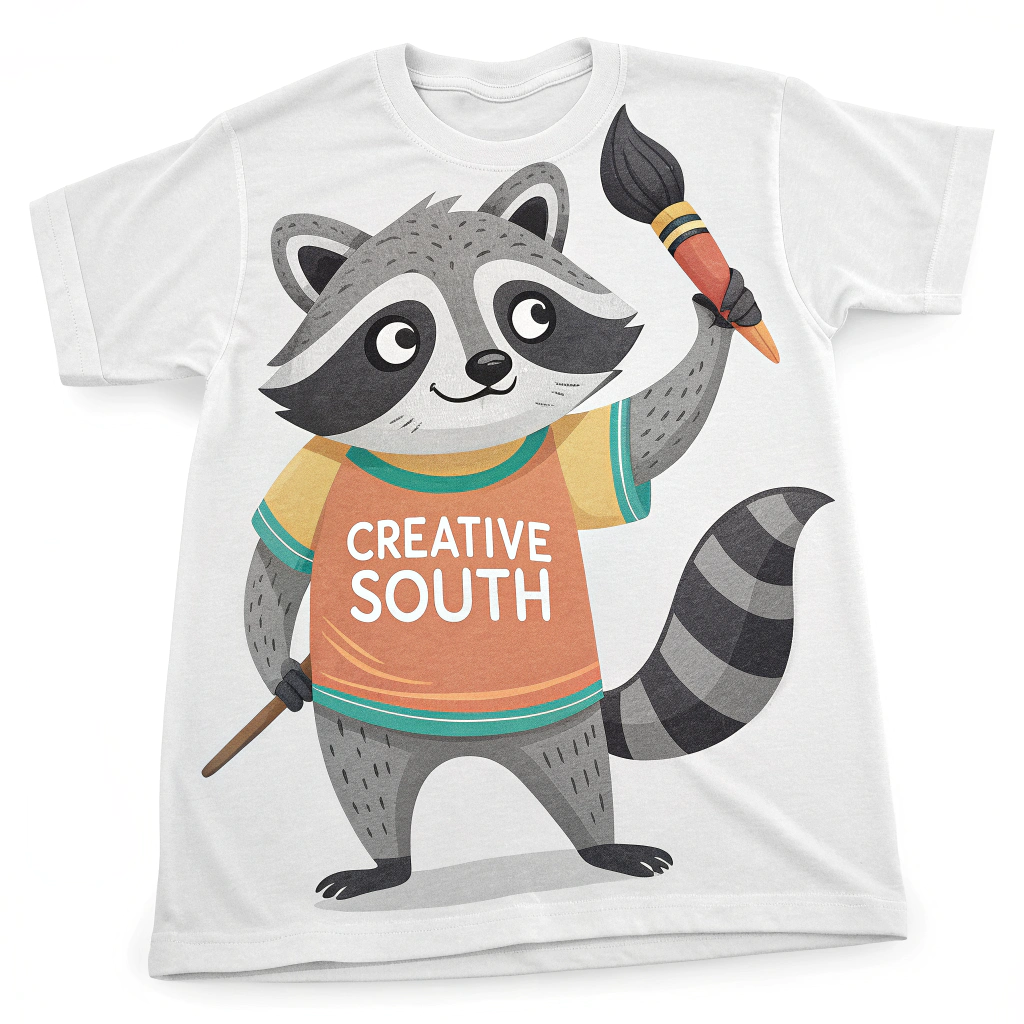 A sticker showcasing a playful illustration of a Southern critter (like a raccoon or opossum) wearing a Creative South t-shirt or holding a design tool.