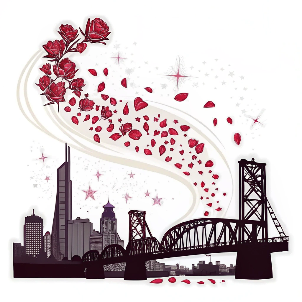 Sub-design Idea 3: A simplified Portland skyline (e.g., the Steel Bridge) silhouetted, with a magical trail of stardust and rose petals flowing above it, as if a magical parade just passed.