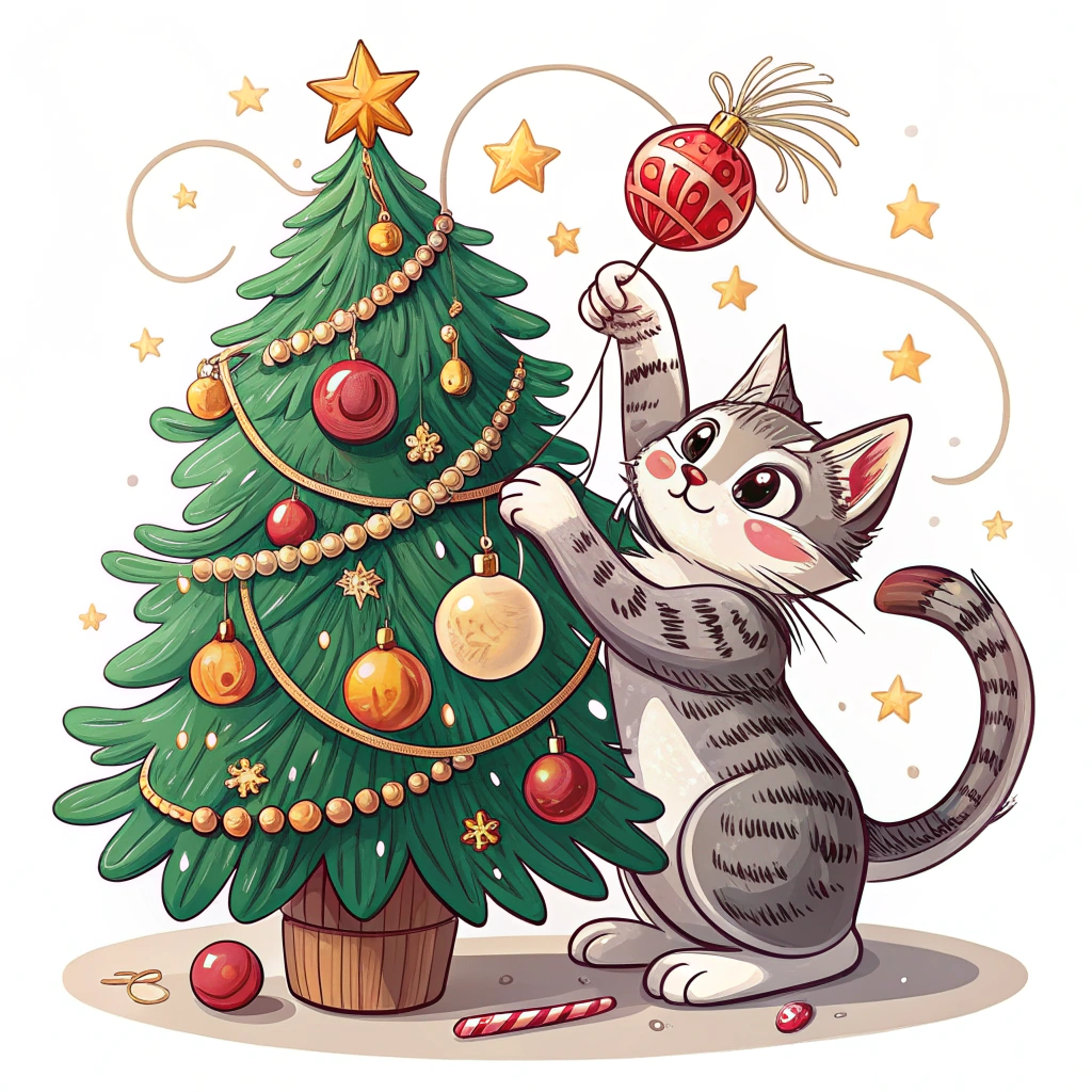 A humorous Christmas tree sticker showing a mischievous cat entangled in the branches, playing with the ornaments and adding a playful twist to the decoration.