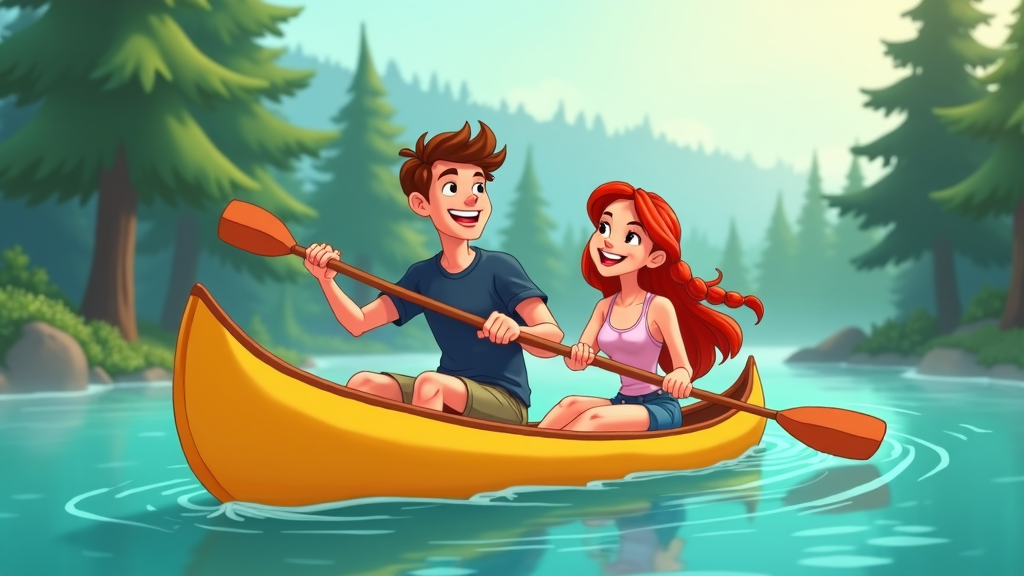 A cartoon couple in a canoe, paddling on a serene lake as a gentle mist rises from the water, surrounded by tall pine trees.