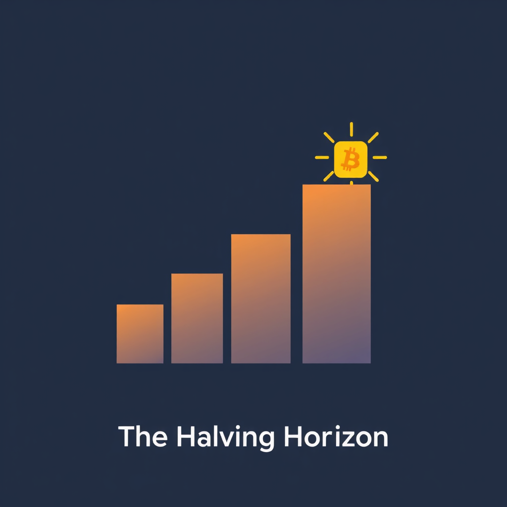 Sub-design Idea 2: Ascending Scarcity Blocks. A series of abstract blocks or segments forming an upward trajectory. Each subsequent block is visibly smaller than the last, representing the decreasing issuance (scarcity) from halvings. The overall shape points upwards, indicating value increase. The final, smallest block at the peak could be a radiant Bitcoin symbol. Colors transition from a solid base to a bright, energetic color at the top. 'The Halving Horizon' could be the tagline.
