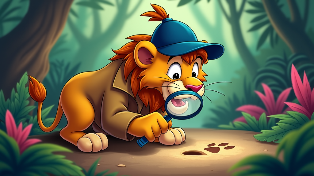 A lion cartoon detective examining a paw print with a magnifying glass, with a surprised expression.