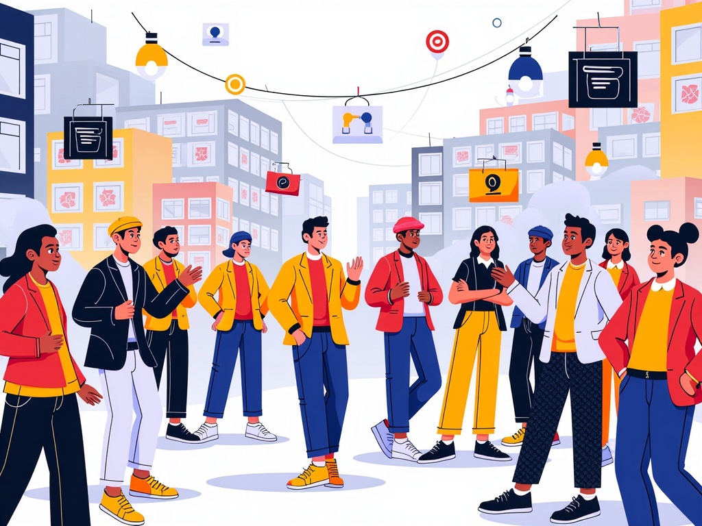 Illustrations capturing human interaction, daily life, and cultural expressions within urban environments entirely conceived and dynamically managed by AI, exploring how society adapts.