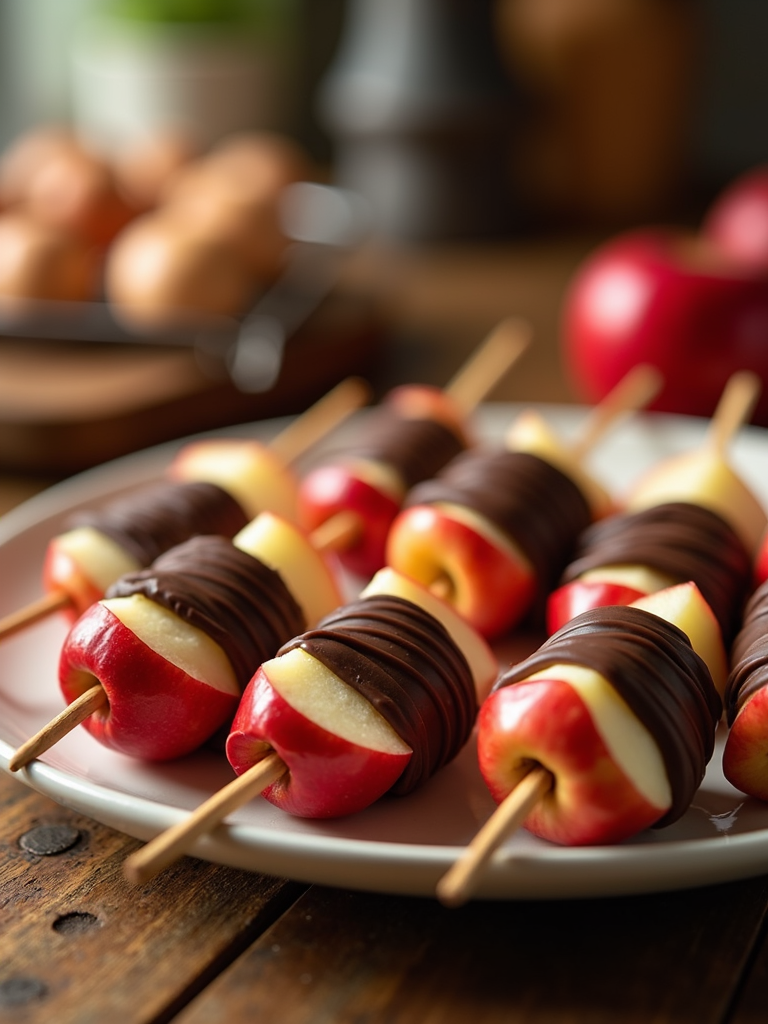 Apple and chocolate skewers, with alternating slices and chocolate dipped segments.