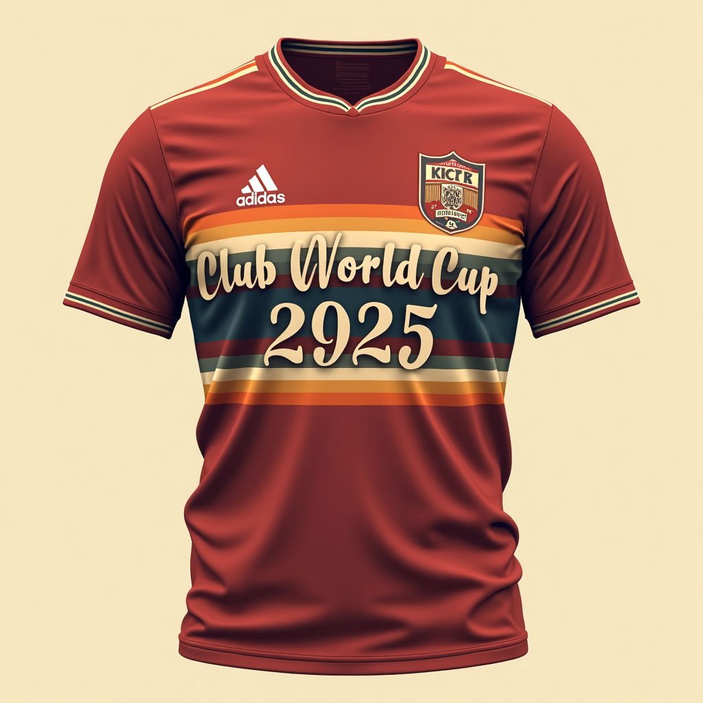 Heritage Jersey Stripes & Script: A design inspired by old-school football jerseys, using bold horizontal or vertical stripes as a background, with 'Club World Cup 2025' rendered in an elegant, classic script or serif font across the chest, possibly with a small, simple retro crest.