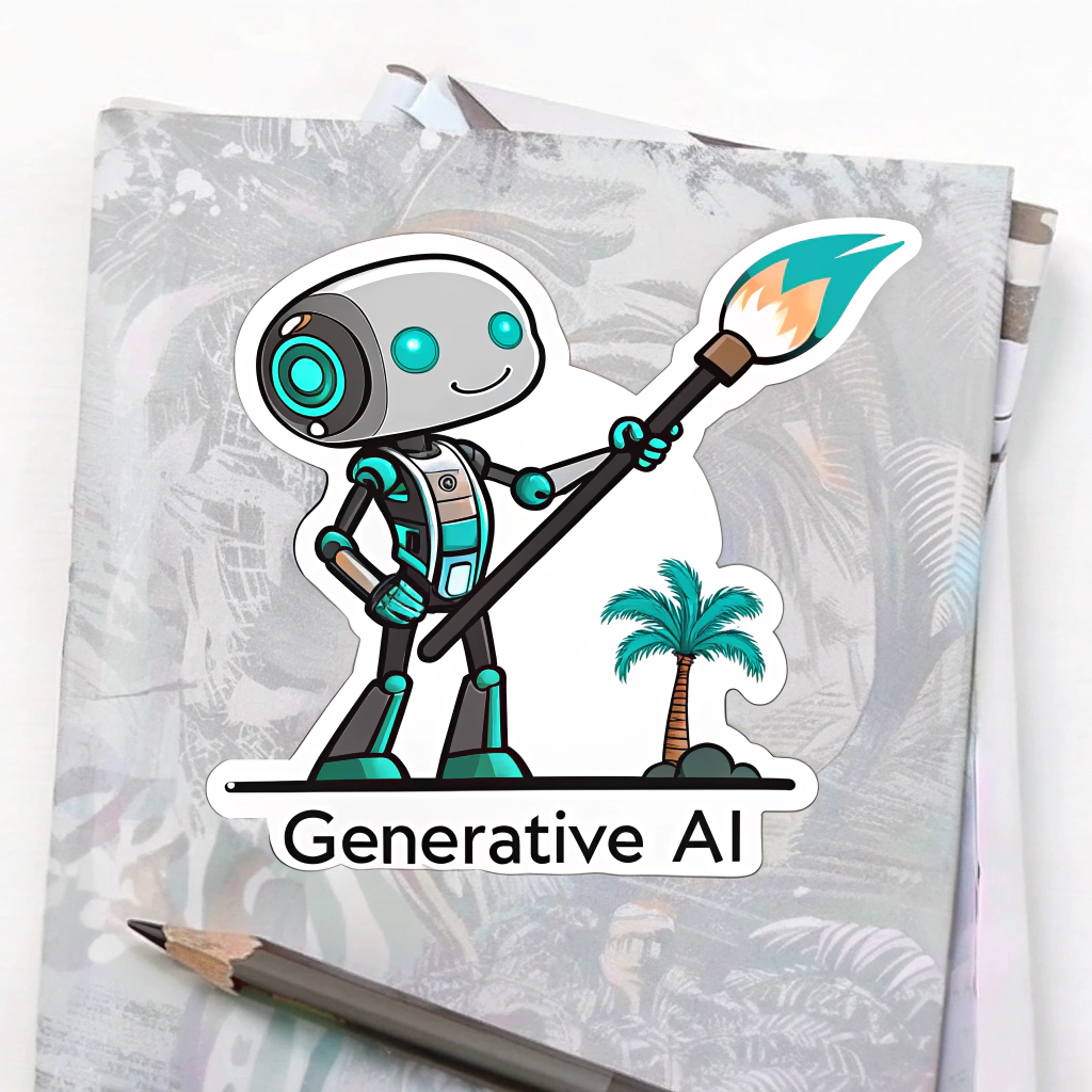 A sleek, futuristic robot with minimalist lines and glowing cyan accents, holding a high-tech paintbrush that projects a beam of light or a digital artwork in progress. Sticker text: 'Generative AI'.