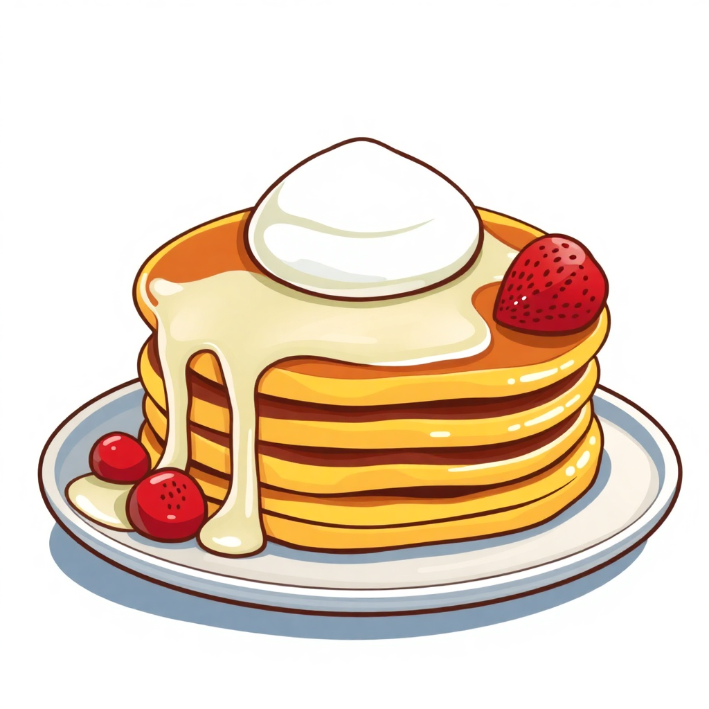 The image is a digital illustration of a stack of pancakes on a plate. The pancakes are golden brown and appear to be freshly made. On top of the stack, there is a dollop of whipped cream and a strawberry. The plate is white and has a few red berries scattered around it. The background is plain white. The overall color scheme of the image is warm and inviting.