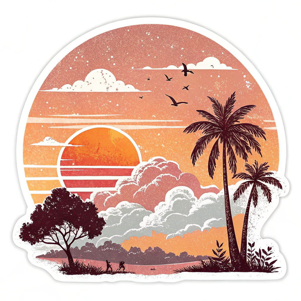 The image is a circular illustration of a tropical landscape. The background is a gradient of orange and pink, with the sun setting in the distance. The sky is filled with white clouds and there are a few birds flying in the sky. On the right side of the image, there are two palm trees and a tree on the left side. In the foreground, there is a small island with a few people walking on it. The overall style of the illustration is flat and minimalistic.