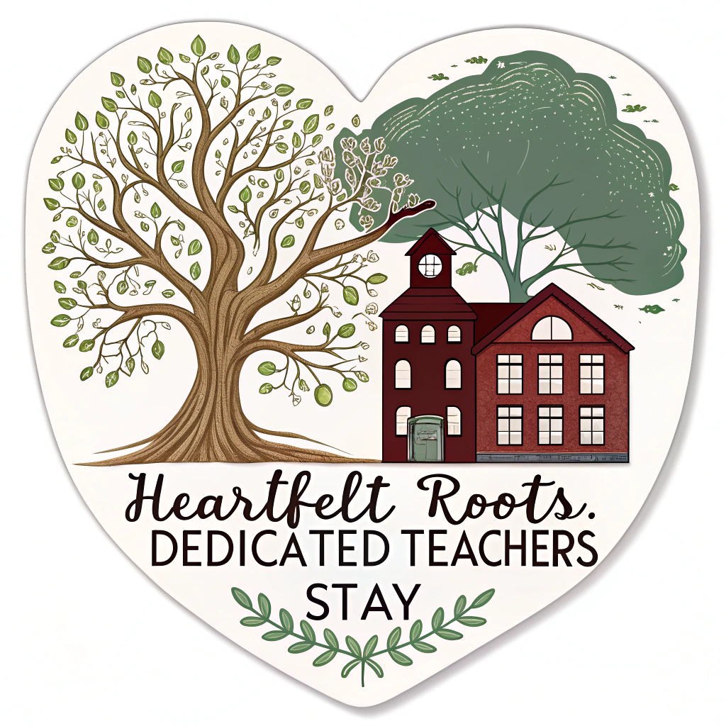 The 'Heart & Schoolhouse' Sticker: A heart shape where one half is a representation of the school building and the other half is a tree with exposed roots, seamlessly blending together. Text: 'Heartfelt Roots, Dedicated Teachers Stay.'