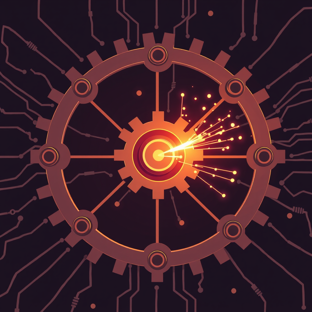 Sub Design Idea 5 (Networked Creation Core): Abstract gears designed with integrated circuit-like patterns or nodes, forming an interconnected network. At the network's core or at key intersections, a bright, central point (a 'creative core') pulses, emitting digital sparks or abstract light beams representing nascent ideas spreading through the system.