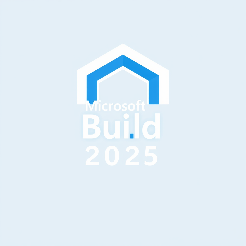 Simple Logo Idea: The 'Microsoft Build 2025' logotype accompanied by a key visual element. This graphic features a foundational blueprint grid that organically evolves or extrudes into clean, minimalist futuristic lines, suggesting an emerging structure or pathway, unified by a sleek blue, white, and cyan palette.