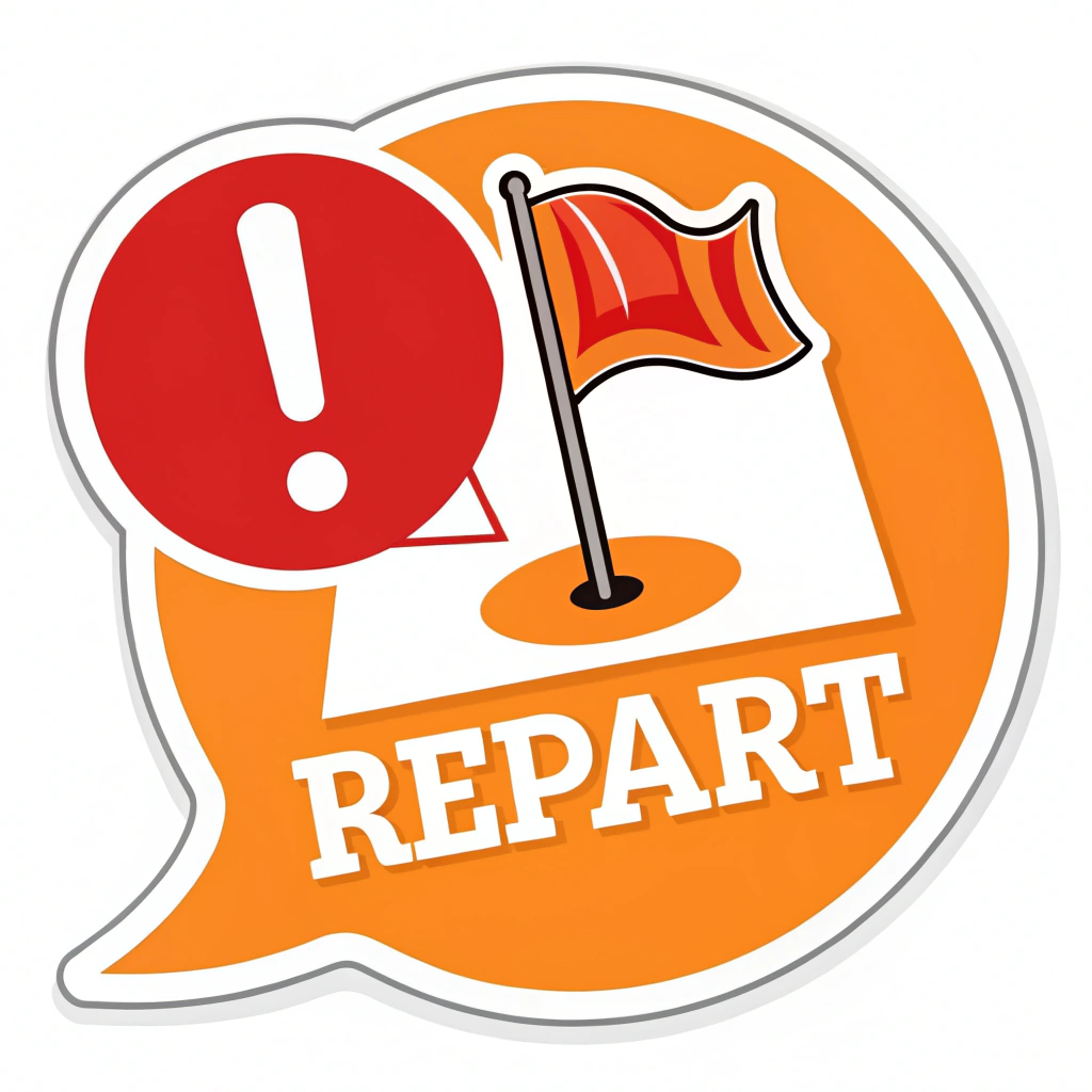 Simple Icon Idea: A brightly colored (e.g., orange or yellow) speech bubble containing a bold exclamation mark and a small flag, symbolizing 'alert' and 'report' in communication.