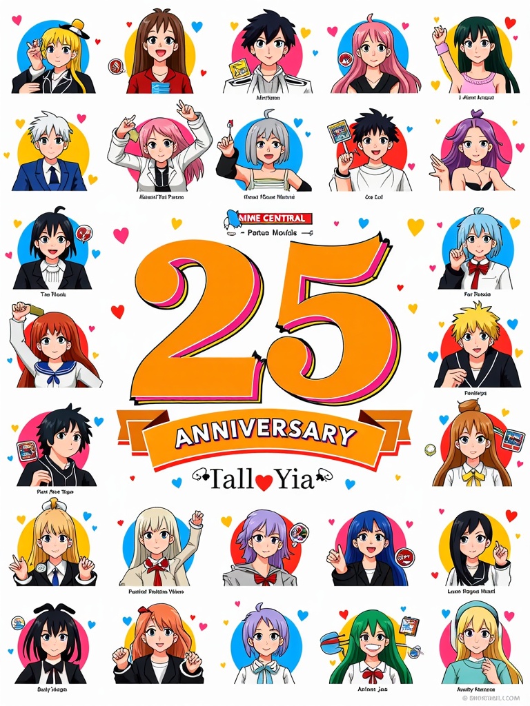 Festival of 25 Memories: An illustration featuring a central '25th Anniversary' emblem surrounded by 25 distinct, symbolic vignettes or icons representing key moments, anime, or aspects of fandom cherished by the Anime Central community over its history.
