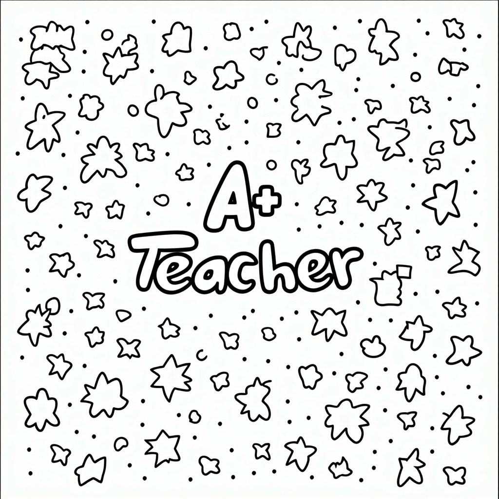 A design where the 'A+ Teacher' text forms a prominent 'constellation' or is a central feature against a night sky backdrop. The sky is filled with diverse star shapes like shooting stars, twinkling stars, and star clusters, offering varied coloring opportunities.