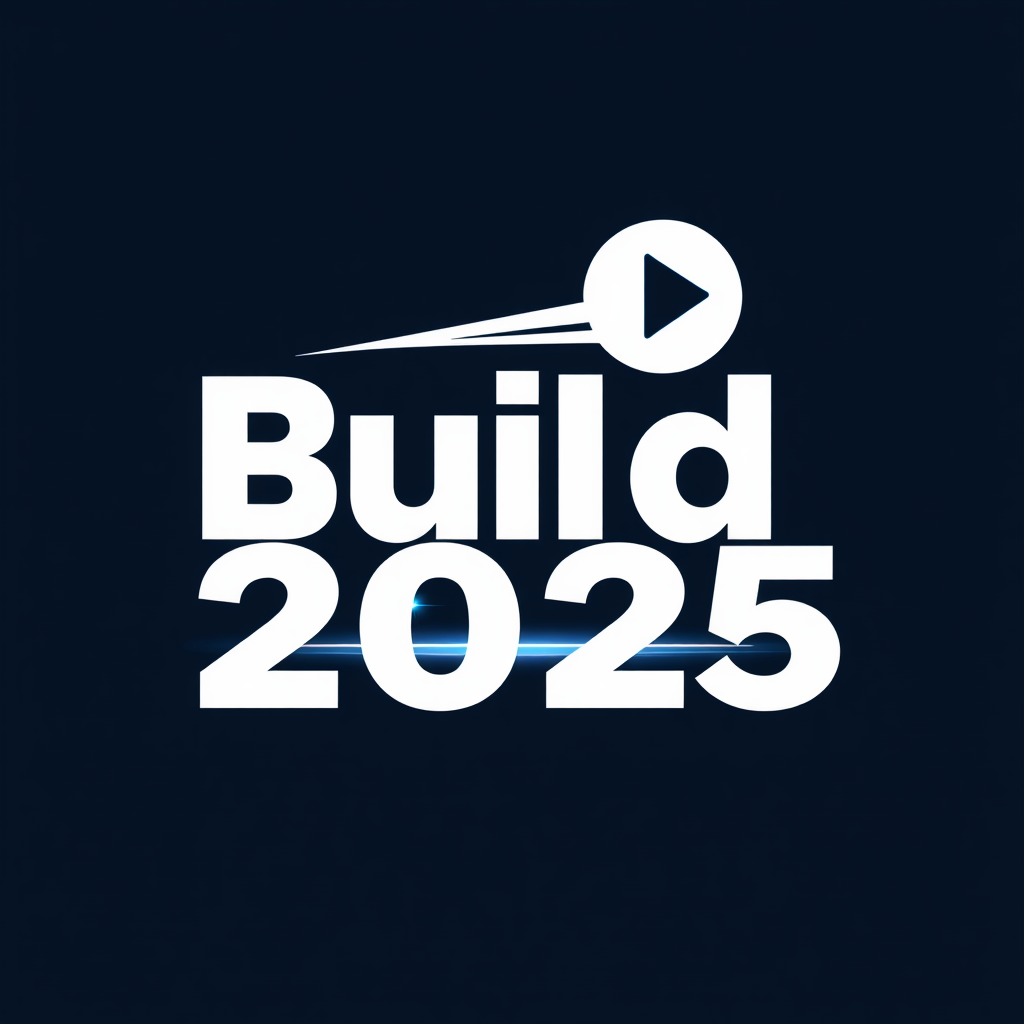 Sub Design Idea 3: A stylized 'play button' or 'forward >>' symbol, commonly associated with speed and progression, rendered with a light trail effect. This icon forms part of the 'Build 2025' typography, replacing a letter or standing alongside it, emphasizing rapid advancement.