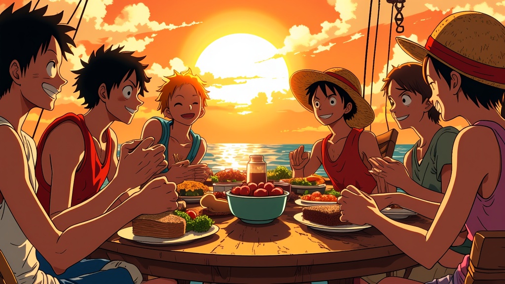 The One Piece Straw Hat crew in a relaxed setting on their ship, celebrating with food and laughter, while the sun sets behind them, signifying camaraderie and adventure.