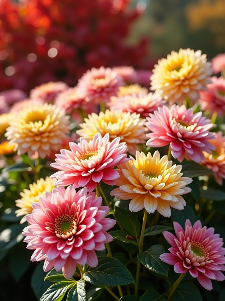 A burst of chrysanthemums in full bloom offers vibrant colors against a backdrop of fall foliage.