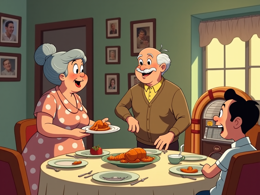 A retro-themed Thanksgiving cartoon where the dining setup has a '50s flair with a jukebox softly playing tunes. The stove-top radiates a rich aroma of slow-cooked giblets. Animated family members share anecdotes from childhood, framed by photographs on the walls, each character nostalgically reflecting on past stories and the delight they bring.