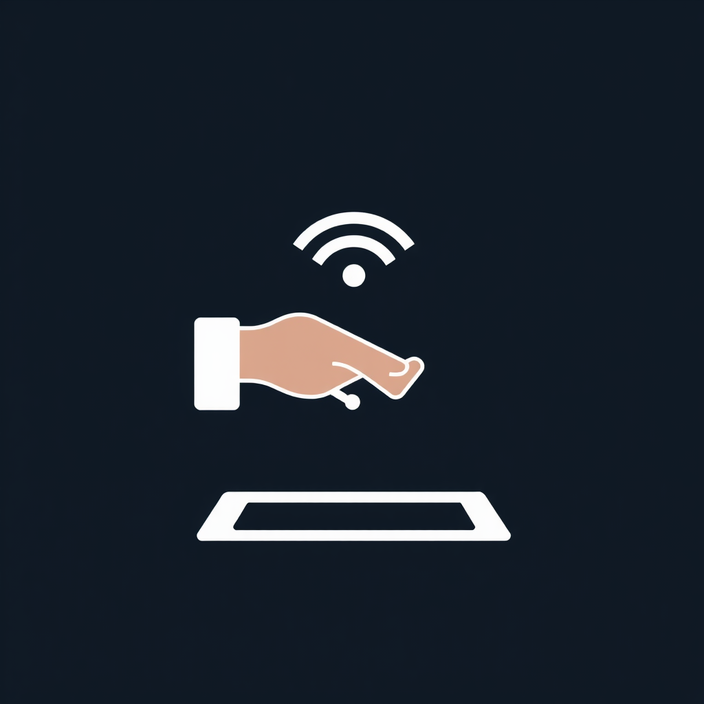 A flat design icon of a hand hovering above a surface, casting a remote control interface projection.