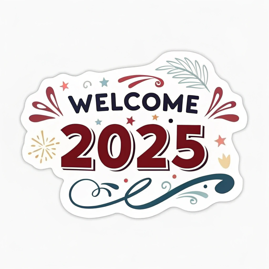 The image shows a white background with a sticker that reads Welcome 2025 in bold, black lettering. The sticker is rectangular in shape and has a glossy finish. The text is centered in the middle of the sticker and is surrounded by a decorative border.