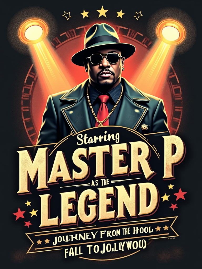 Sub-design Idea 3 (Vintage Movie Poster/Marquee): Design the T-shirt like a vintage movie poster or a classic Hollywood movie marquee. Headline: 'Starring MASTER P as The Birthday Legend'. Subtitle: 'A Journey From the Hood to Hollywood'. Include elements like film sprockets, searchlights, and a distressed texture for authenticity.