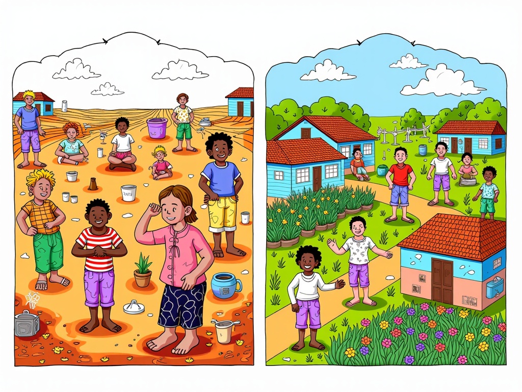 A before-and-after diptych: one side depicts a community struggling with climate effects (e.g., drought, pollution), the other shows the same community thriving due to implemented sustainable practices (e.g., renewable energy, community gardens, water conservation systems) initiated by collective action.
