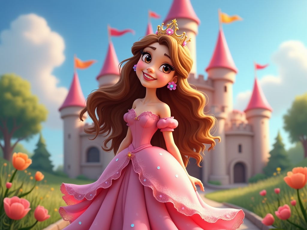 A cartoon princess with big, sparkling eyes, a wide smile, and a flowing gown, standing in front of a whimsical castle with rounded towers and pastel colors.