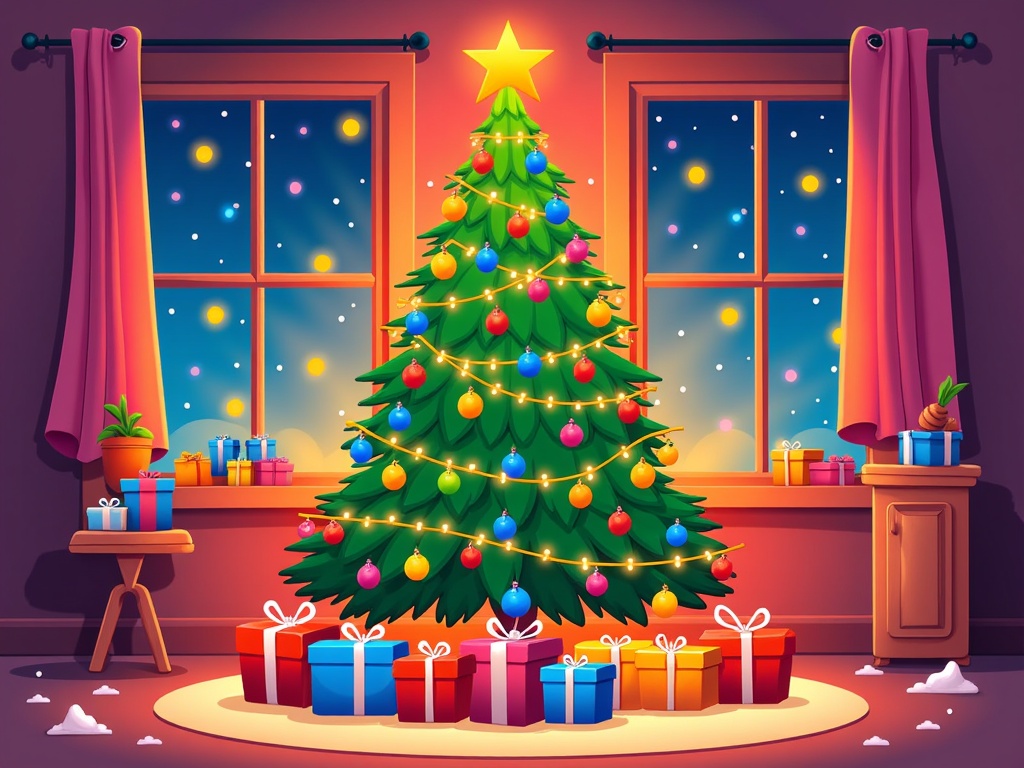 The image shows a cartoon Christmas tree decorated with colorful balls, lights, and a star on top, surrounded by gift boxes on the floor. On the left side of the image, there is a stool with a potted plant on it, and on the right side, there are two windows with curtains.