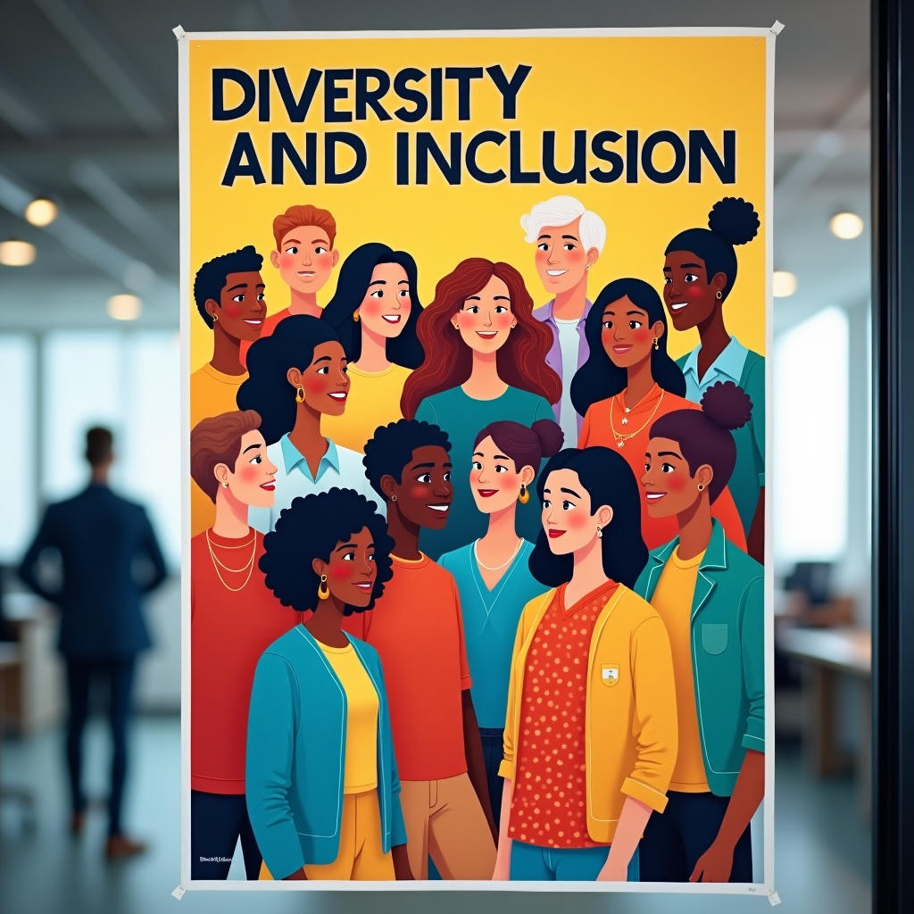 A diversity and inclusion poster in the department, emphasizing the values of equality and cooperation with vivid colors and diverse illustrations.