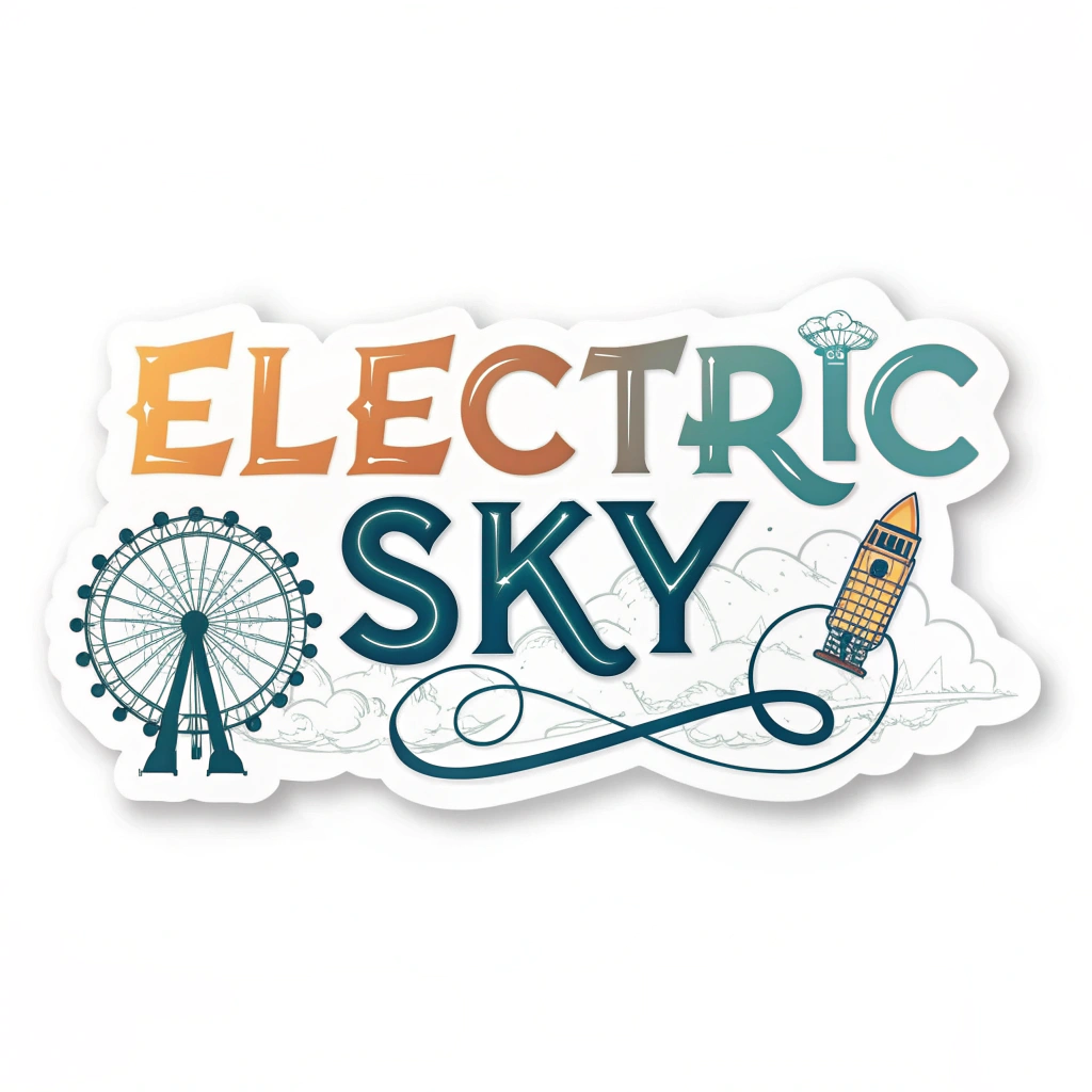 Simple Logo Concept: A text-focused design featuring the words 'Electric Sky' in an energetic, stylized font. A graphic of the Ferris wheel could be cleverly integrated, for instance, by replacing the letter 'o' in 'Sky' or 'Electric' with a small Ferris wheel symbol, or by placing a clean Ferris wheel emblem alongside the text.