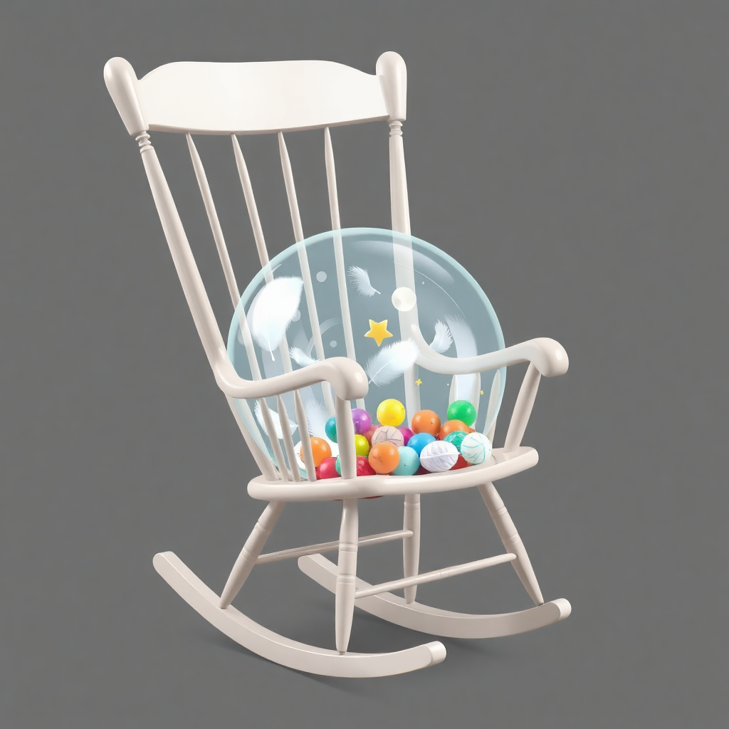 A rocking chair with a suspended, transparent bubble seat, filled with playful, floating objects like feathers or colorful balls.