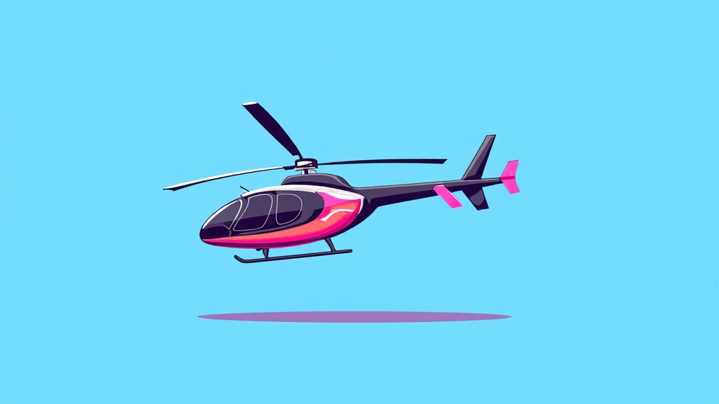 The image is a digital illustration of a helicopter flying in a light blue sky. The helicopter is in the center of the image, with its body facing towards the left side of the frame. It has a black and red body with a pointed nose and two propellers on either side. The wings are black and the tail is pink. The body of the helicopter is black with a red stripe running along the side. There is a small shadow below the helicopter, indicating that it is in motion. The background is a solid light blue color.