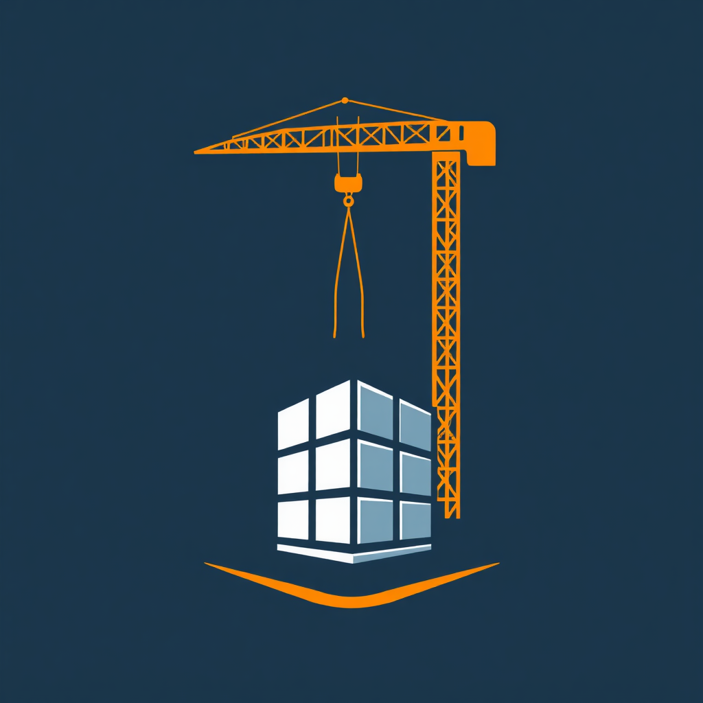 A dynamic logo showing a stylized crane lifting a beam or a building block, where the block itself could subtly incorporate the company initials or a foundational graphic element. Use a sense of upward motion.