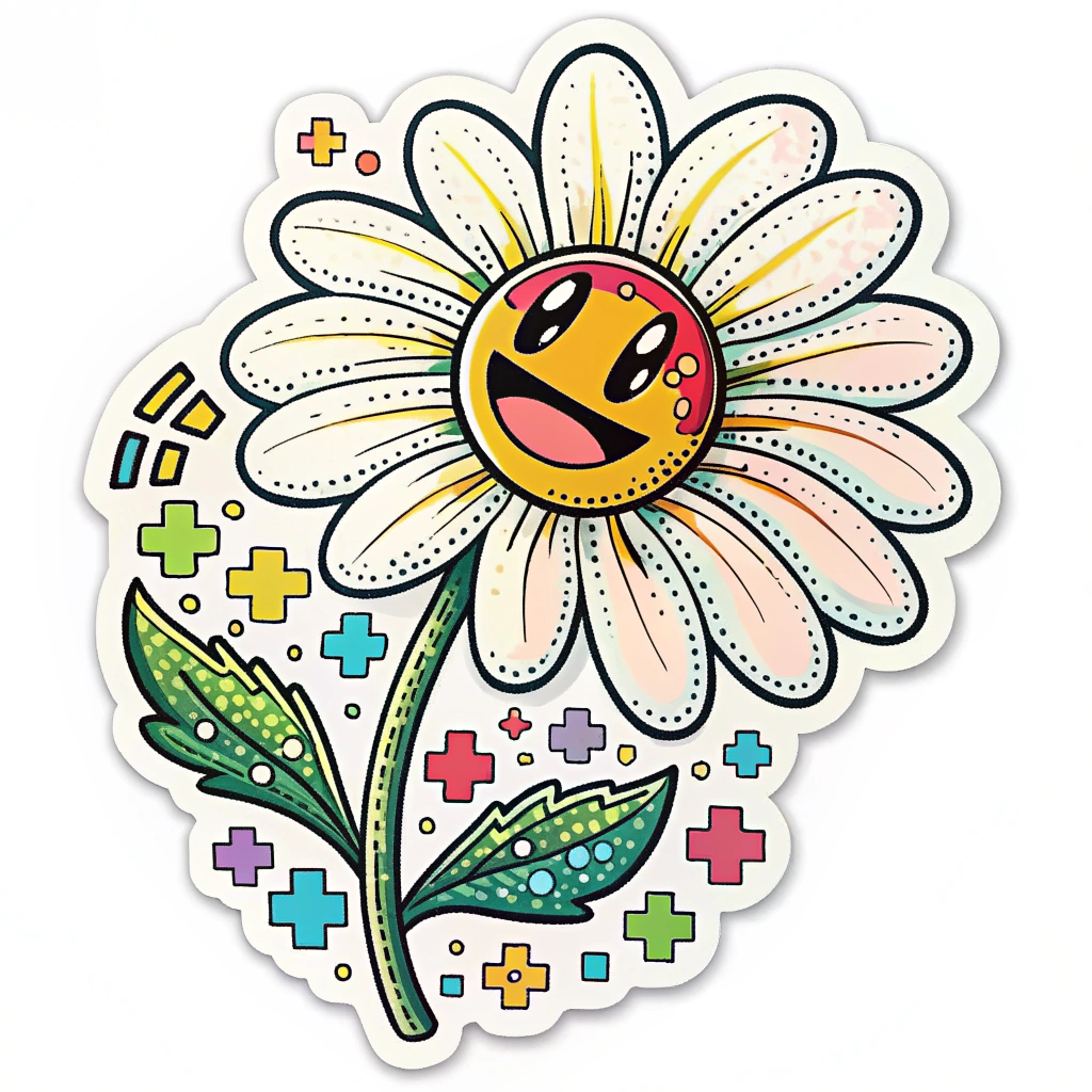 Translated text: Electric Daisy Carnival Sticker Designs - Retro Raver Pixel Daisy