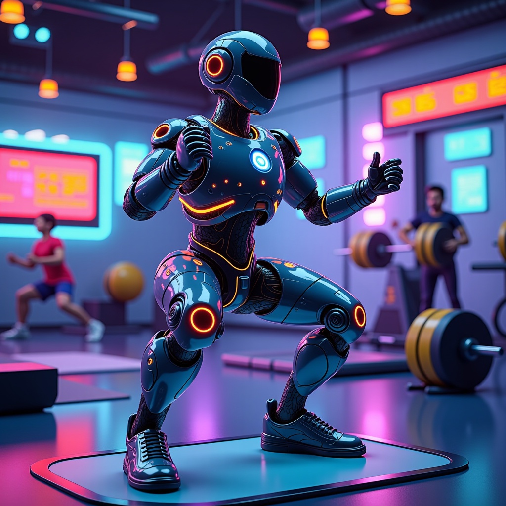  a futuristic robot in a gym. The robot is standing on a black platform and is in the middle of a workout. It has a blue body with orange and red accents on its arms and legs. It also has a helmet with a visor and a camera attached to it. In the background, there are other people working out in the gym, as well as various exercise equipment such as dumbbells and weights. The room is dimly lit with colorful lights and there is a large screen on the wall. The overall mood of the image is energetic and futuristic.