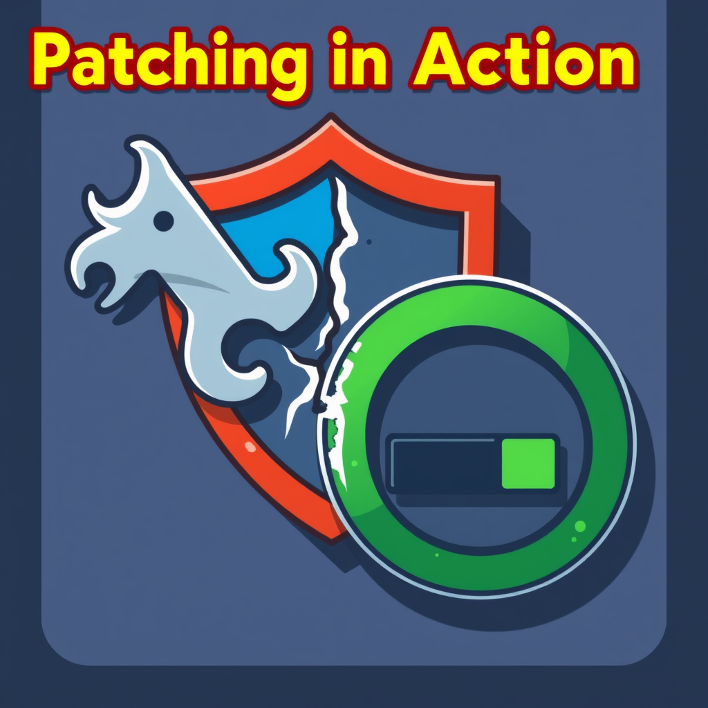 Patching in Action: A tool icon (like a wrench or screwdriver) actively working on a cracked shield, or a progress indicator (bar/circular) around a vulnerability symbol showing repair.