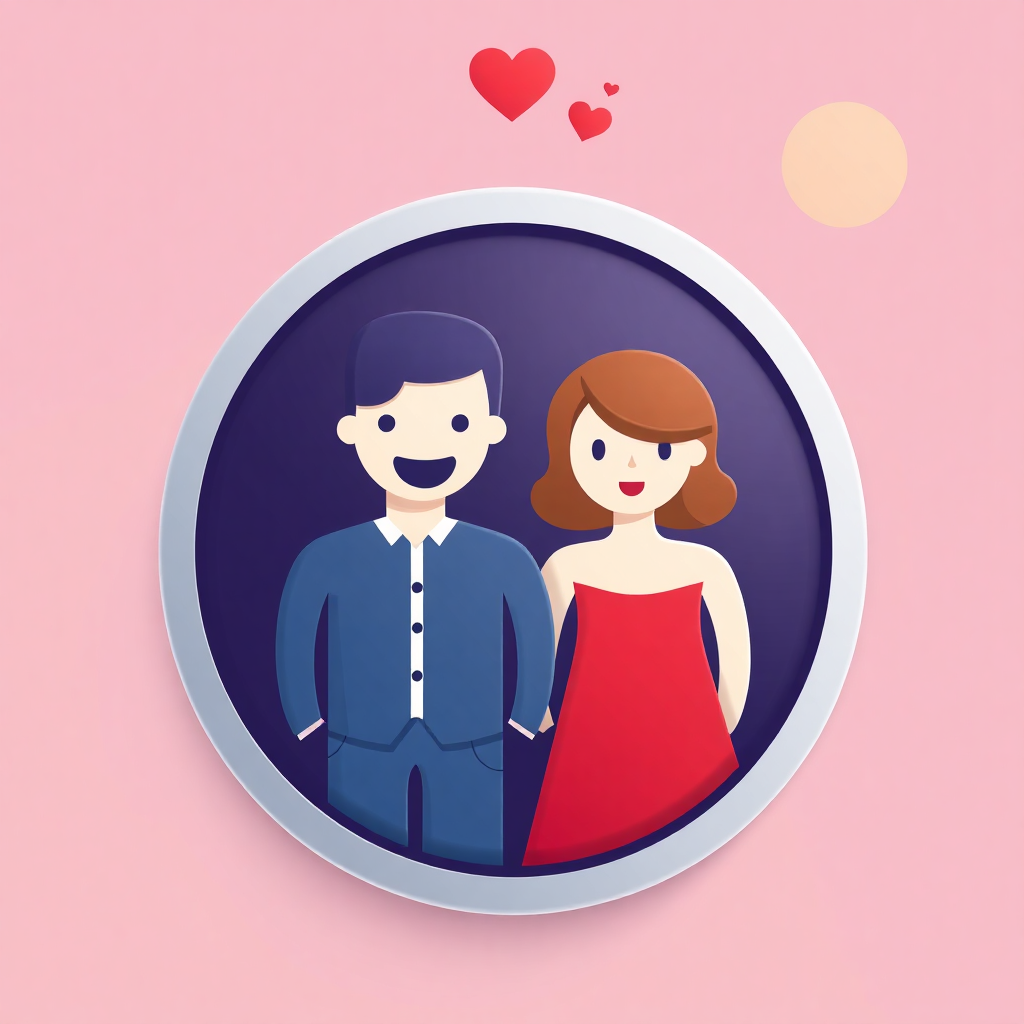 The image shows a man and woman standing next to each other in front of a pink background. The man is wearing a blue suit and the woman is a red dress. There are heart symbols in the background, adding a romantic touch to the image.