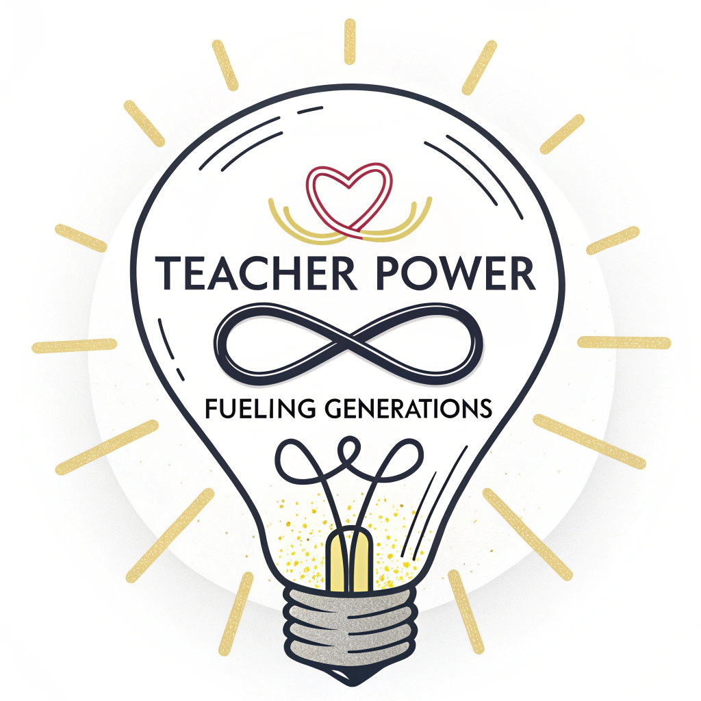 Sticker Design 3: Illuminating Spark/Bulb. A modern icon of a lightbulb with a filament shaped like a heart or an infinity symbol, radiating bright light. 'Teacher Power' is the source of illumination, and 'Fueling Generations' is represented by elegant light rays or a glowing effect.