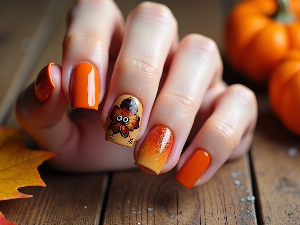 Classic turkey day nails featuring a small, well-detailed roasted turkey on one accent nail, with the rest in pumpkin spice-tones.